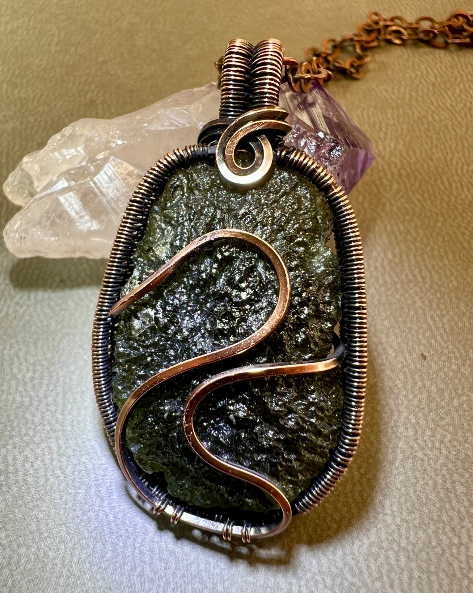 Deluxe Moldavite Pendant in Antiqued Copper