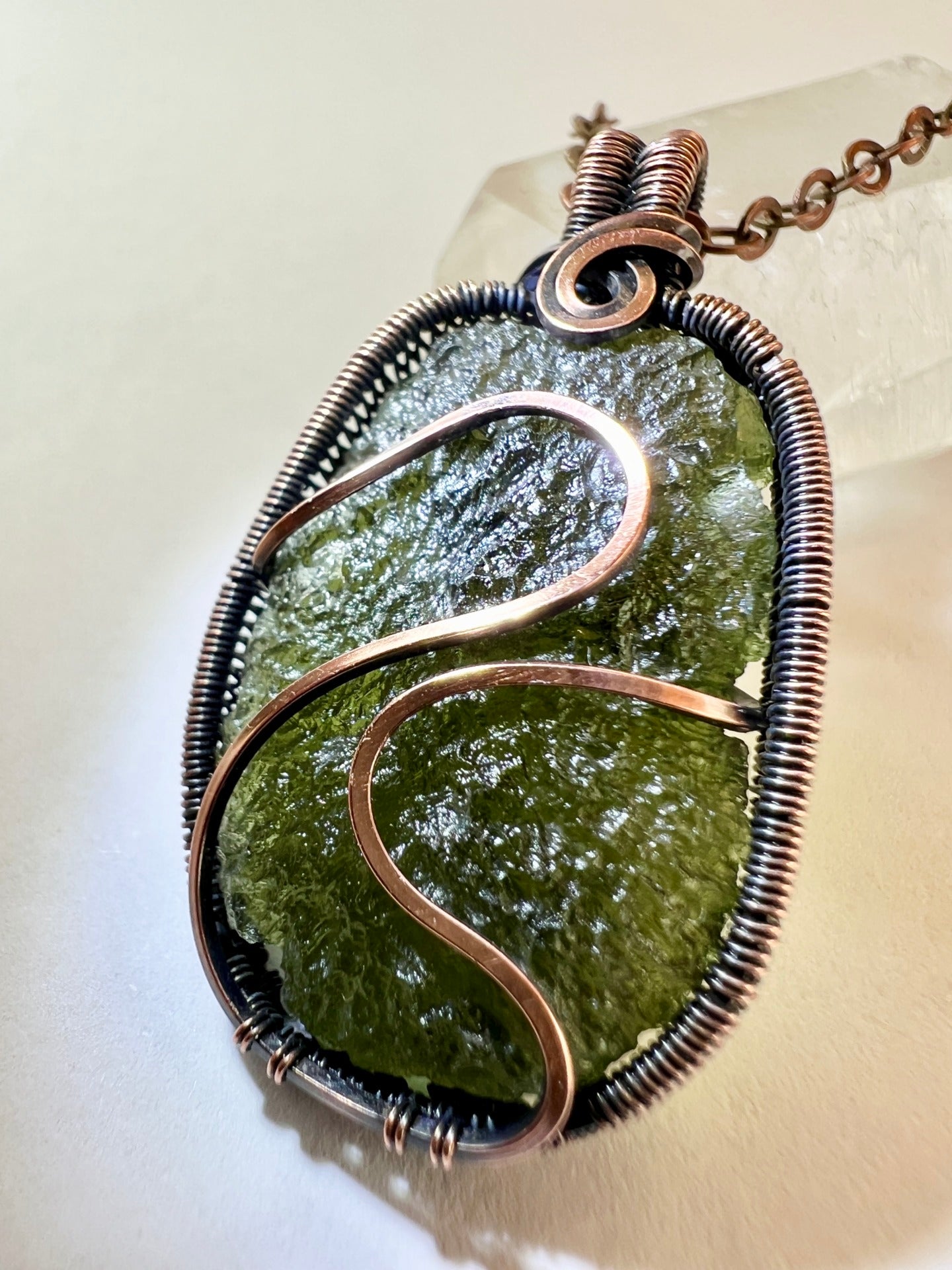 Deluxe Moldavite Pendant in Antiqued Copper