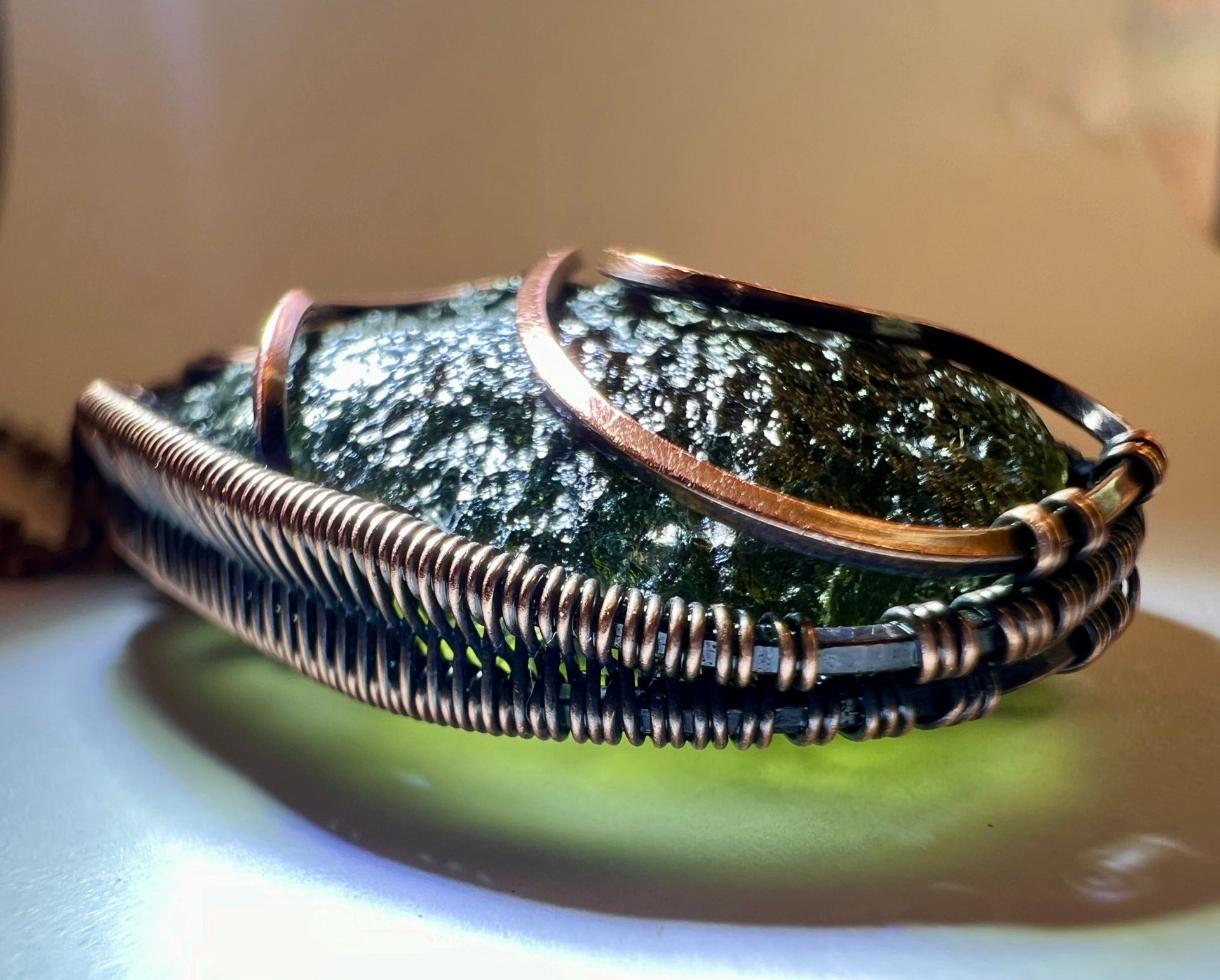 Deluxe Moldavite Pendant in Antiqued Copper