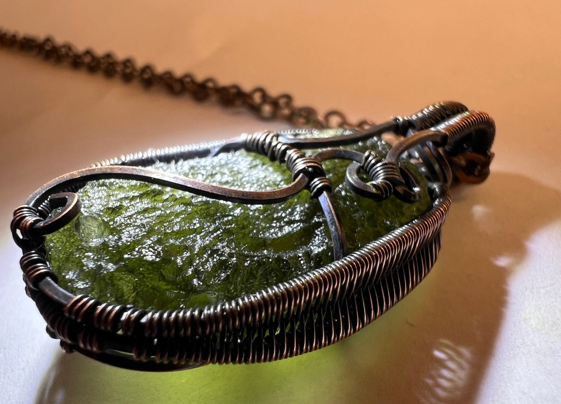 Deluxe Moldavite Pendant in Antiqued Copper