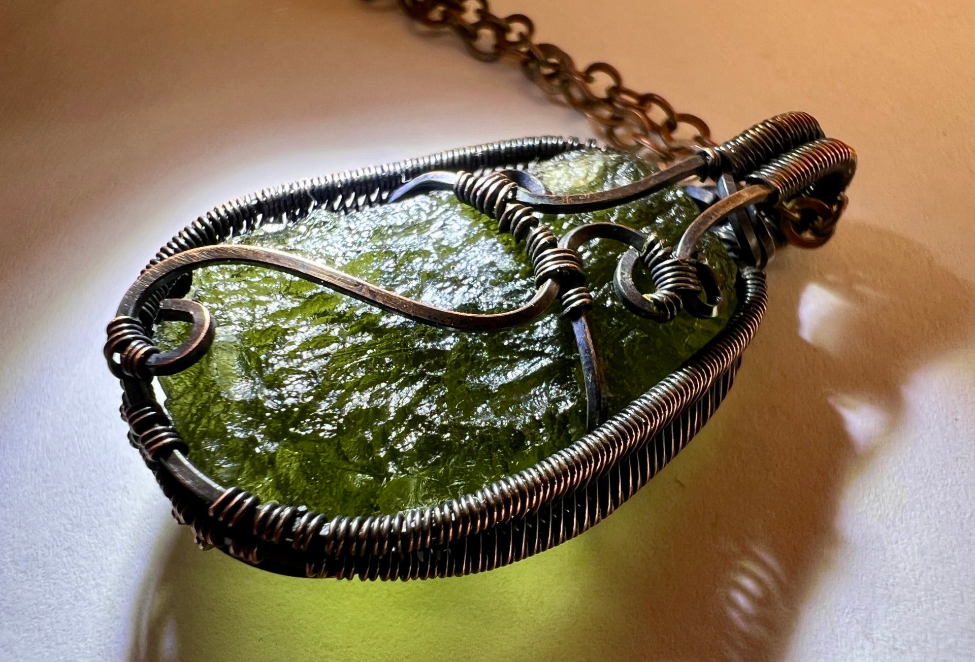 Deluxe Moldavite Pendant in Antiqued Copper