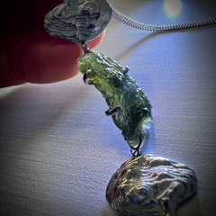 Dual Tail Design Silver Plated Moldavite Necklace