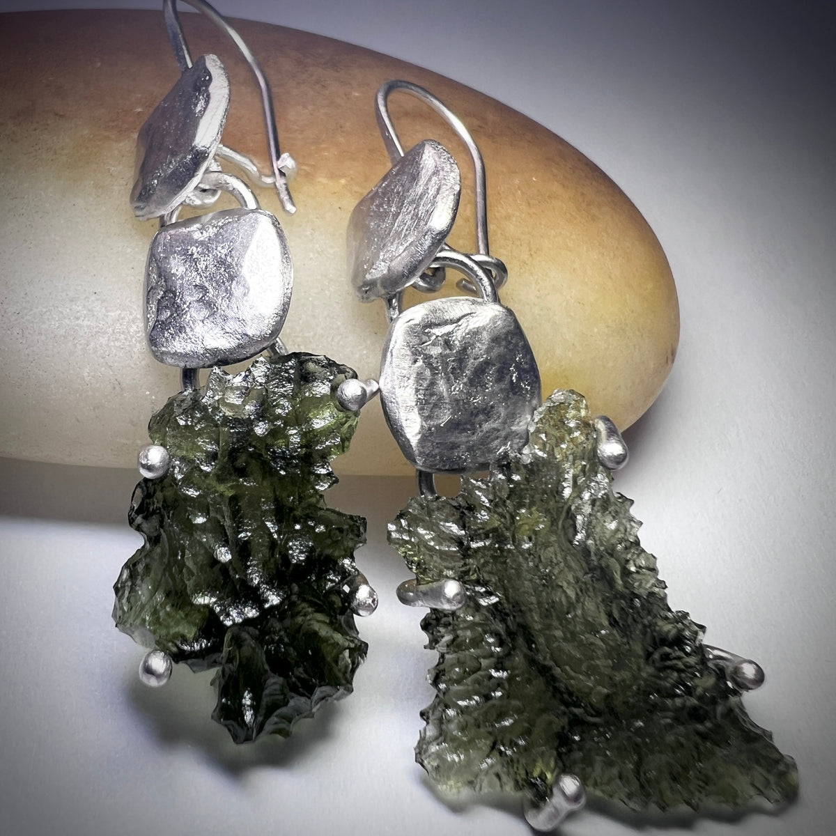 Twin Circle Silver Moldavite Dangle Earrings