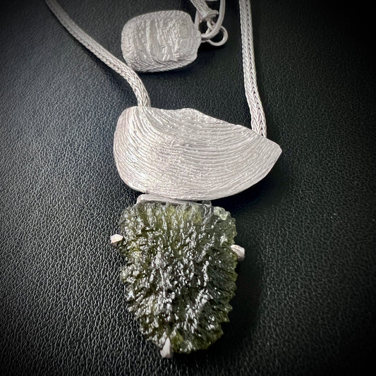 Ethereal Artifact Rhodium-Plated Moldavite Pendant 2.71g