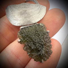Ethereal Artifact Rhodium-Plated Moldavite Pendant 2.71g