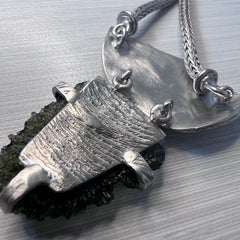 Ethereal Artifact Rhodium-Plated Moldavite Pendant 2.71g