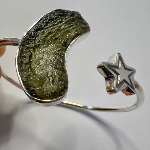 Celestial 2.66g Moldavite & Star Open Bracelet in Sterling Silver