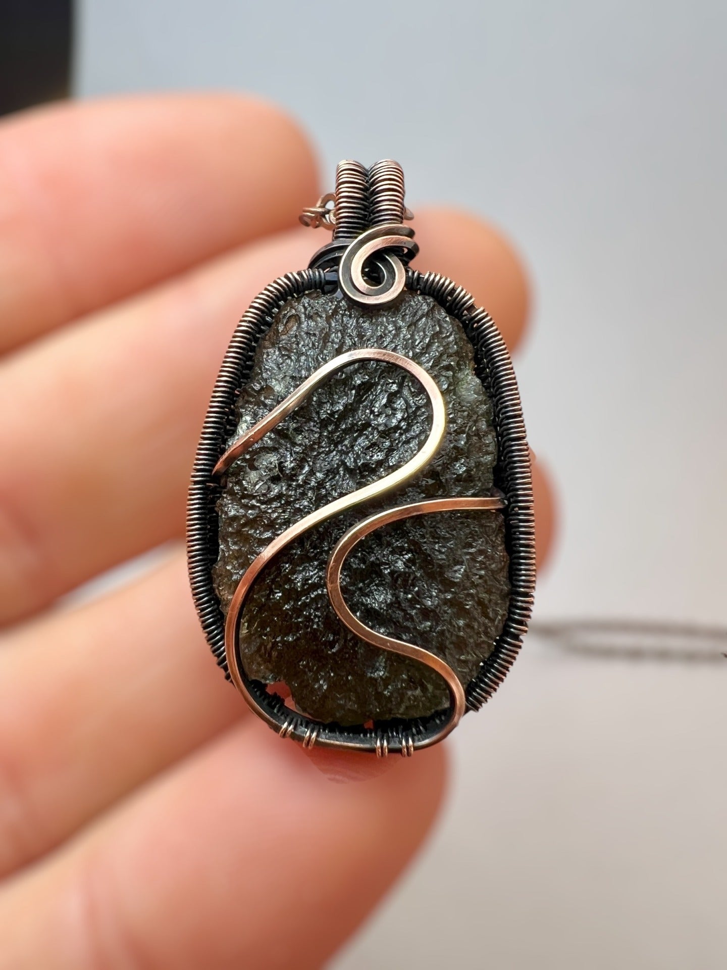 Deluxe Moldavite Pendant in Antiqued Copper