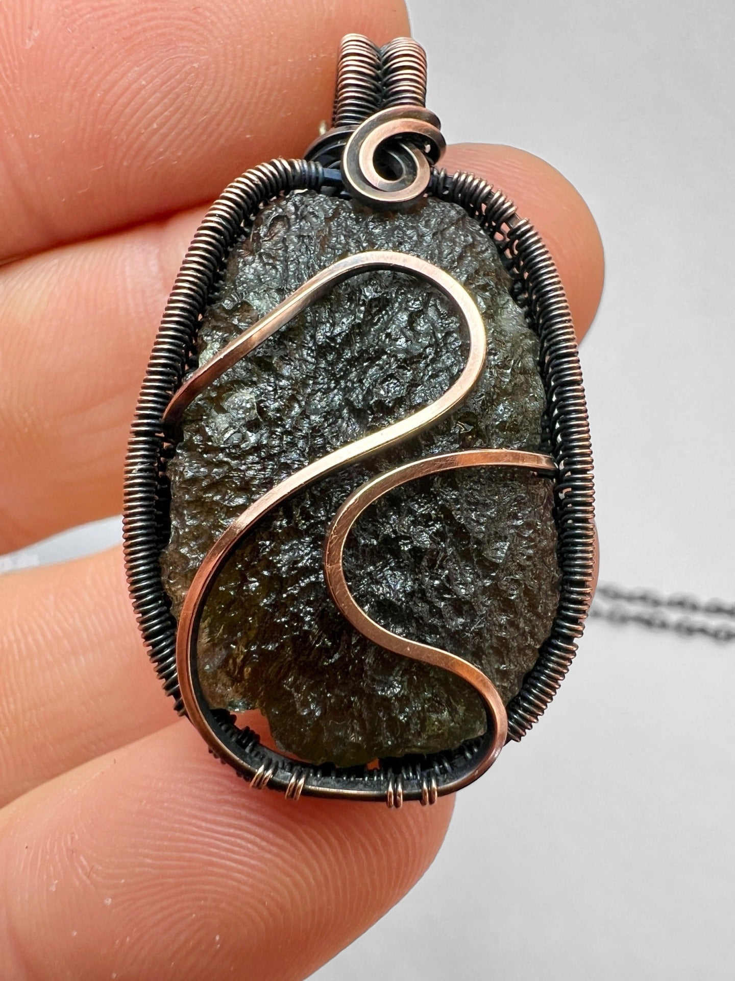 Deluxe Moldavite Pendant in Antiqued Copper