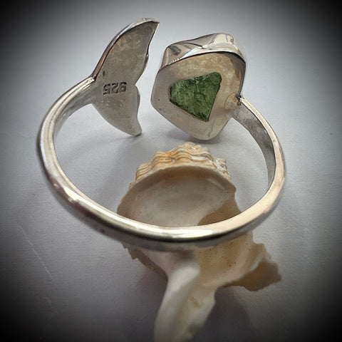 Custom Whale's Tail Design Silver Moldavite Ring - Open Size 12.5 (Y)