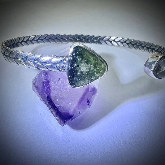 Moldavite Herkimer Silver Bracelet