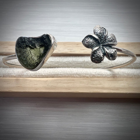 Heart Shaped Moldavite and Floral Cuff Bracelet
