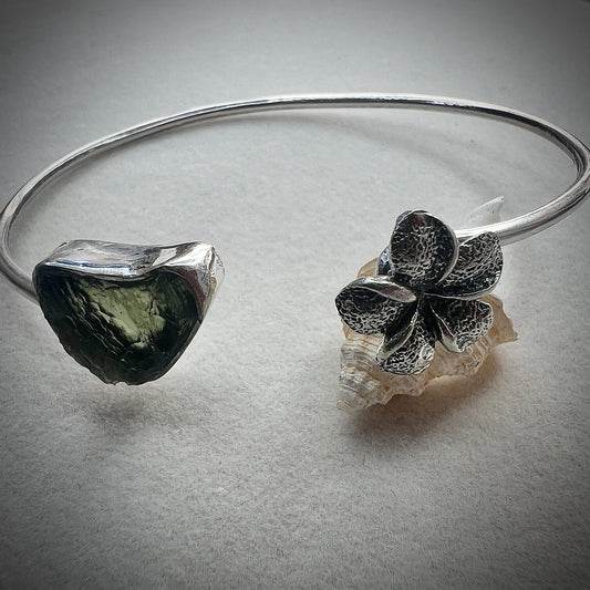 Heart Shaped Moldavite and Floral Cuff Bracelet