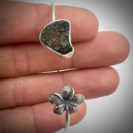 Heart Shaped Moldavite and Floral Cuff Bracelet