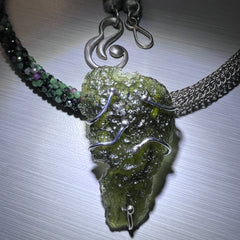 Exclusive Woven Silver Wire and Green Beaded Moldavite Necklace