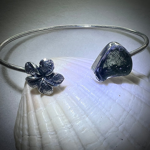 Heart Shaped Moldavite and Floral Cuff Bracelet