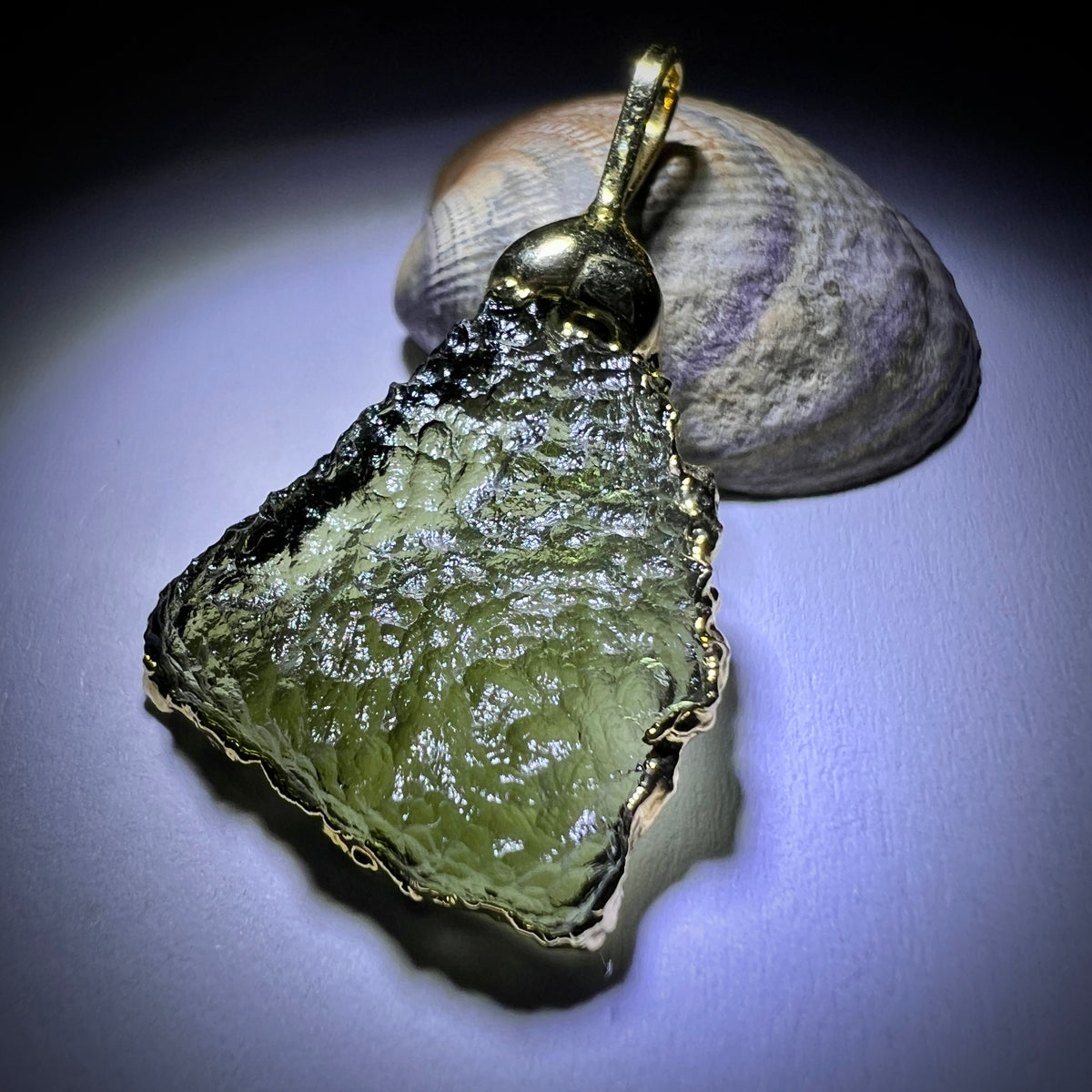 Moldavite Pendant – 2.05g Electroformed, Gold Plated.
