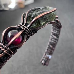Moldavite Copper Bracelet with Garnet Accents - (19cm)