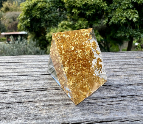 Moldavite & 24ct Gold orgone generator pyramid. 20mm.