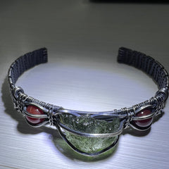 Moldavite Sterling Silver Bracelet with Sunstone Accents