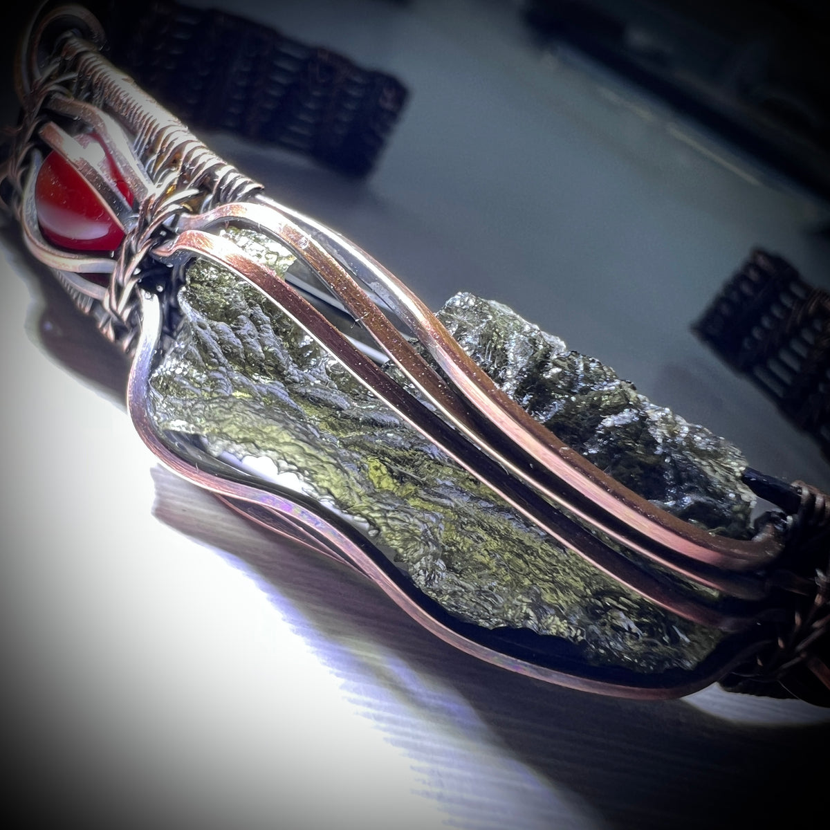 Moldavite Copper Bracelet with Carnelian - (20cm)