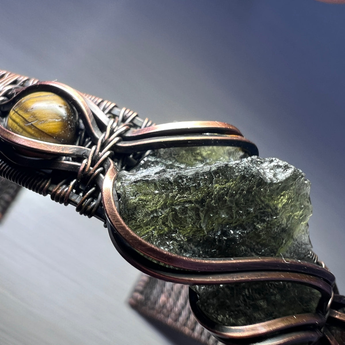 Moldavite Copper Bracelet with Tigers Eye - (20cm)
