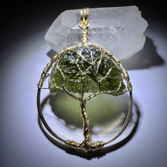 Moldavite Tree of Life pendant - 14k Gold.