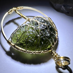 Moldavite Tree of Life pendant - 14k Gold.
