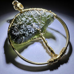 Moldavite Tree of Life pendant - 14k Gold.