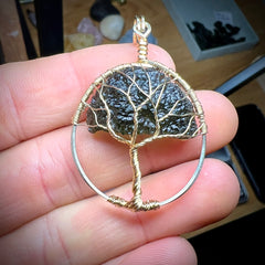 Moldavite Tree of Life pendant - 14k Gold.