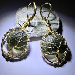 Tree of Life Moldavite Earrings – 14k Gold