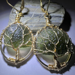 Tree of Life Moldavite Earrings – 14k Gold