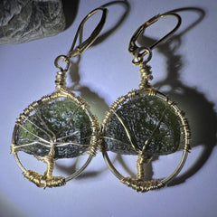 Tree of Life Moldavite Earrings – 14k Gold