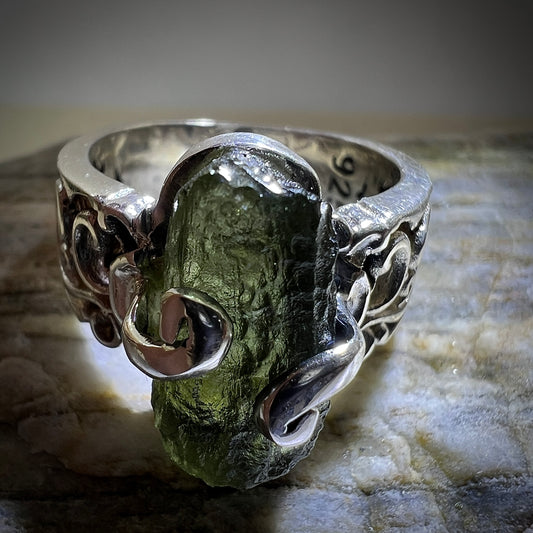 Silver Claw Set Moldavite Ring - Size 6.5