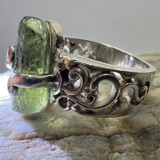 Silver Claw Set Moldavite Ring - Size 6.5