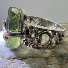 Silver Claw Set Moldavite Ring - Size 6.5