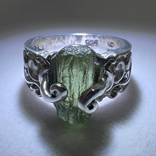 Silver Claw Set Moldavite Ring - Size 7