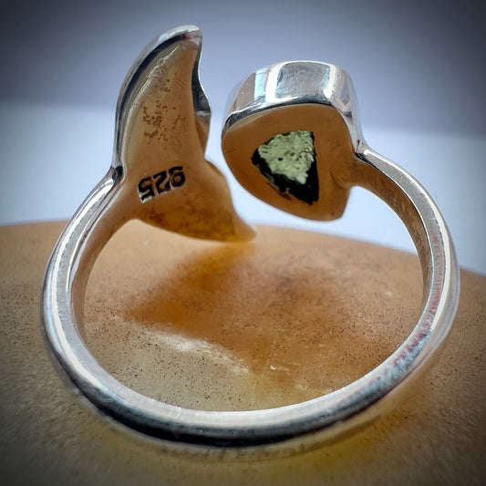 Whale's Tail Design Silver Moldavite Ring - Open Size 6.5
