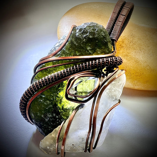 Cosmic Convergence - Moldavite, LDG & Herkimer Copper Pendant