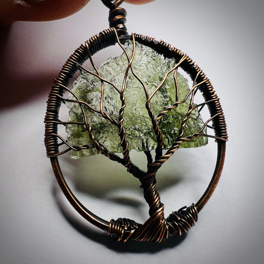 Moldavite Tree of Life Pendant - Antiqued Copper