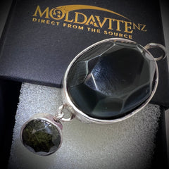 Bezel set Faceted Moldavite & Obsidian Silver Pendant
