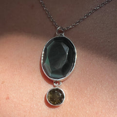 Bezel set Faceted Moldavite & Obsidian Silver Pendant
