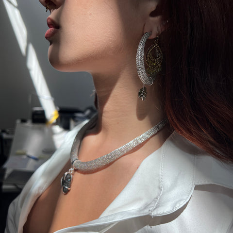 Woven Silver Moldavite Earrings & Necklace set