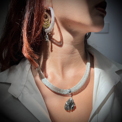 Woven Silver Moldavite Earrings & Necklace set