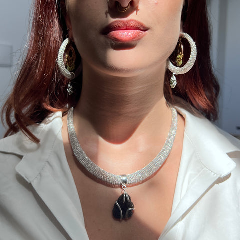 Woven Silver Moldavite Earrings & Necklace set