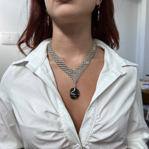 Woven Silver Wire Moldavite Necklace