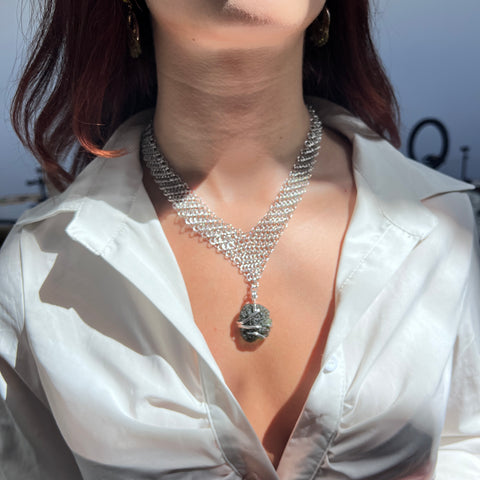 Woven Silver Wire Moldavite Necklace