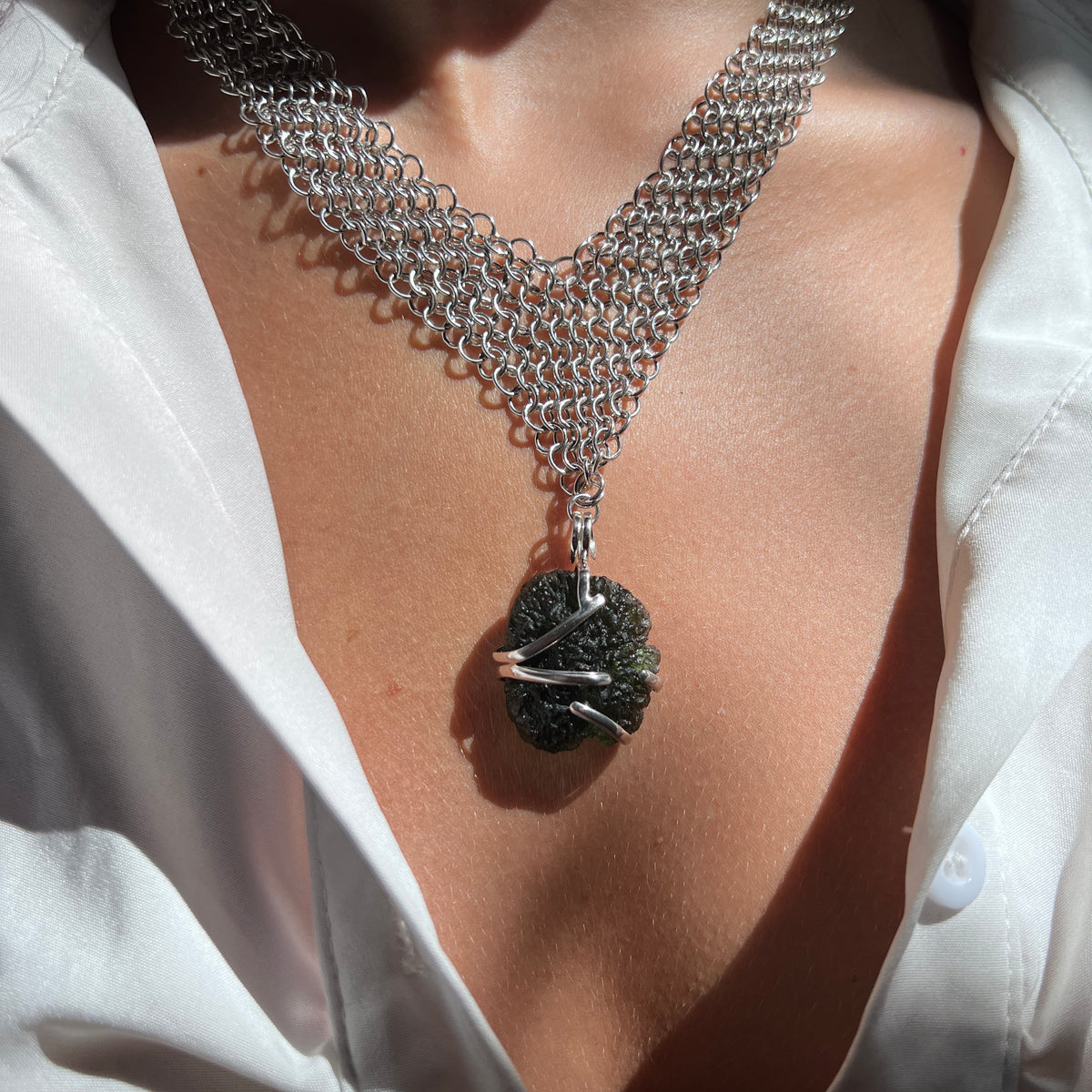 Woven Silver Wire Moldavite Necklace