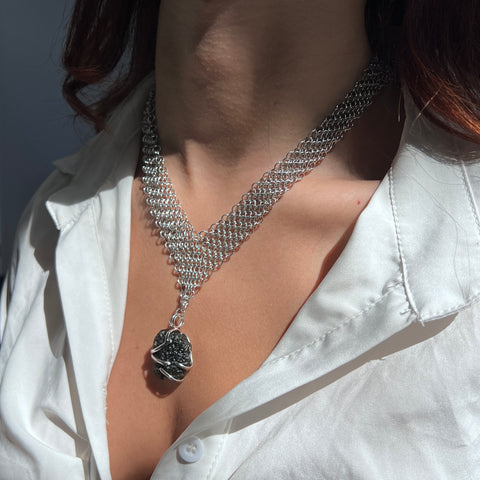 Woven Silver Wire Moldavite Necklace