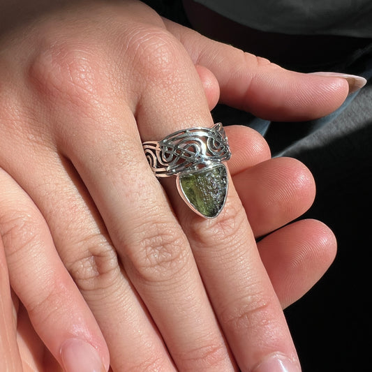 Inverted Triangle Band Sterling Silver Moldavite Ring -  9.5 (T)